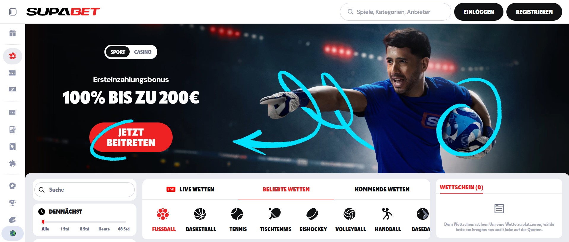 Als spezialisierter Wettanbieter ohne LUGAS bietet Supabet einen starken Sportwetten-Fokus ohne das übliche LUGAS-Monatslimit sowie einen attraktiven Startbonus von 600 Euro für Neukunden.